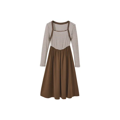 XIANGYING Длинное платье с длинными рукавами женское молочно-кофейного цвета