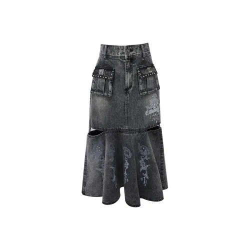 LULUALWAYS Деним Длинная Юбка Женская Черная