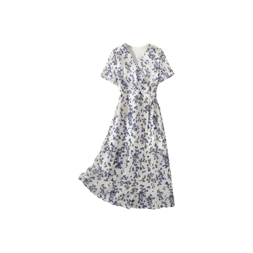 IHIMI Короткий рукав Платье Женское Синий Фиолетовый Цветочный дизайн