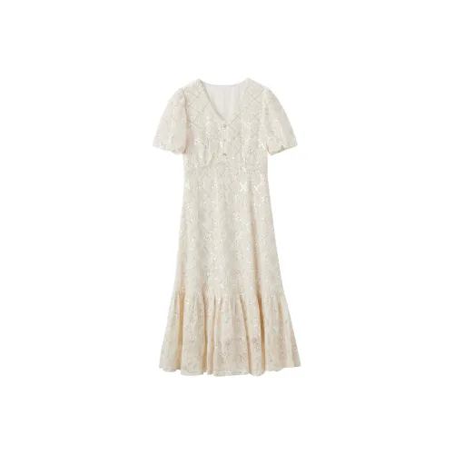 XIANGYING Короткий рукав Платье Женское Бежевое