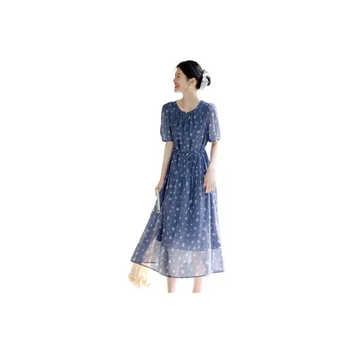 XWI Короткий рукав Платье Женское Морская соль Синий