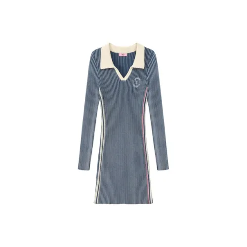 CHUU Длинное платье с длинными рукавами женское средний деним синий