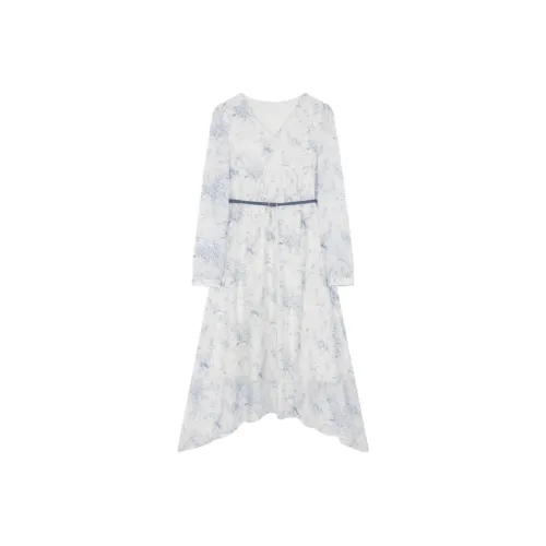 IHIMI Длинное платье с длинными рукавами женское синий и белый с принтом