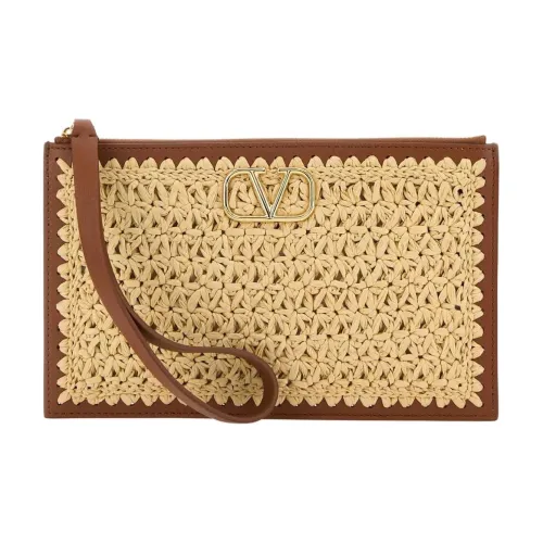 Valentino Vlogo Raffia Clutch Medium Women's Beige Brown Валентино Vlogo Рафия Клатч Средний Женский Бежевый и Коричневый