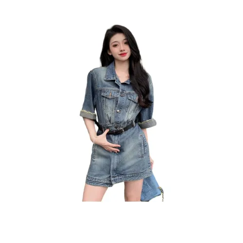 ONNFB Короткий рукав Платье Женское Синее