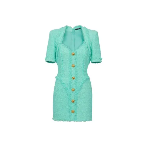 BALMAIN SS24 Короткое платье с короткими рукавами женское синий зеленый