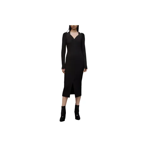 ALLSAINTS Черное Женское Длинное Платье с Рукавами