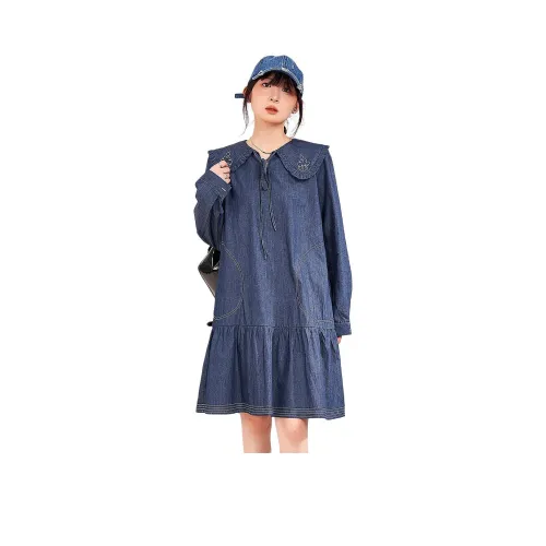 MUGUOGUOMU Длинное платье с длинными рукавами женское джинсовый синий