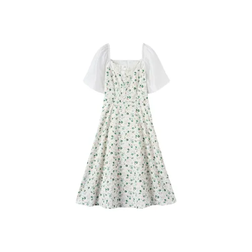 EICHITOO Короткий рукав платье женское цветочный экрю