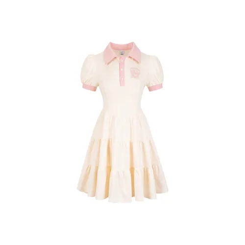 9 Кошка Лакомства Палочки Короткий Рукав Платье Женское Абрикос