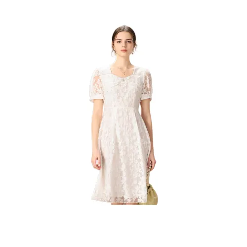 FENHONGMALI Короткий рукав платье женский белый