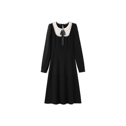 Роскошь Длинное Платье с Длинными Рукавами Женское Черное с Контрастным Абрикосом