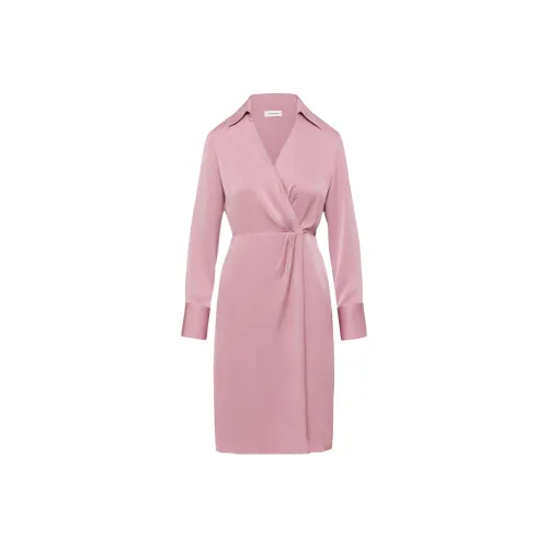 ARITZIA BABATON Larchmont Satin Midi Dress Long Sleeved Dress Women's Pink Purple Pink Fuchsia