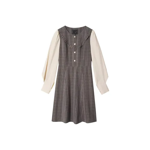 OUNIXUE Серая клетка Женские Длинные Платья с рукавами