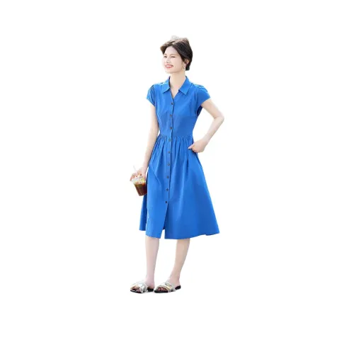 Still Quiet Лето Короткий Рукав Платье Женское Павлин Синий
