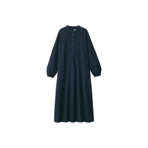 MUJI Длинное платье с длинными рукавами женское темно-синий