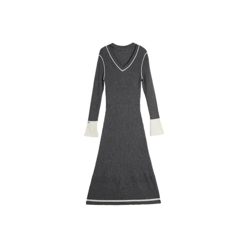 ELLE Длинное платье с длинными рукавами женское темно-серое