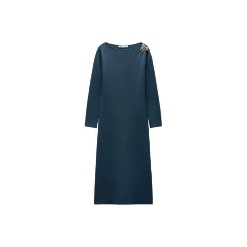 ZARA Длинное платье с длинными рукавами женское цвет утиный синий