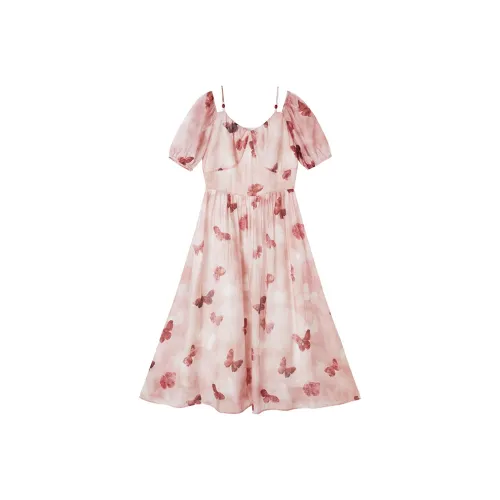 XIANGYING Короткий рукав Платье Женское Розовое