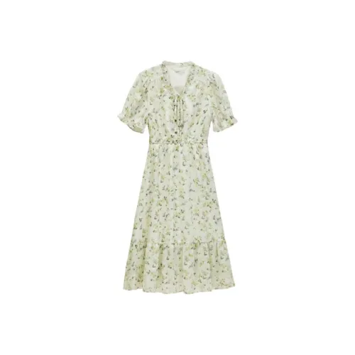 PLANE DRIFT Короткий рукав Платье Женское Зеленый Цветочный дизайн