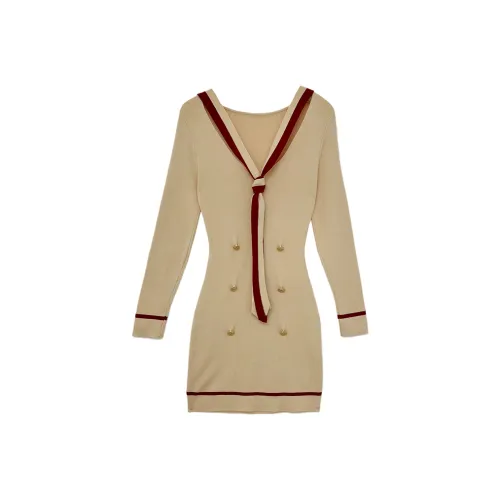 Icicofficial Длинное платье с длинными рукавами женское абрикосового цвета