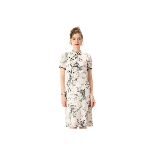 FENHONGMALI Весенний Летний Осенний Короткий рукав Платье с утяжкой на талии Женское Зеленое