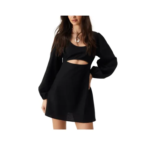 NASTY GAL Linen Mix Cut Out Мини Платье Длинный Рукав Платье Женское Черное