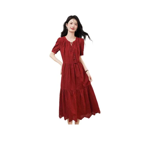 XINFEIYU Короткий рукав Платье Женское Красное