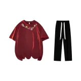 Комплект одежды (Благородный красный футболка + черные повседневные штаны)