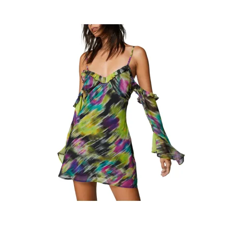 NASTY GAL Цветочный Strappy Холодный Плечо Шифон Мини Платье Длинный Рукав Платье Женские Черный