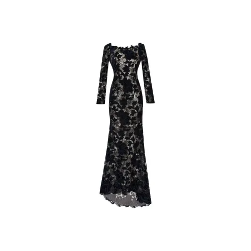 Oscar De La Renta Черное Женское Длинное Платье с Рукавами