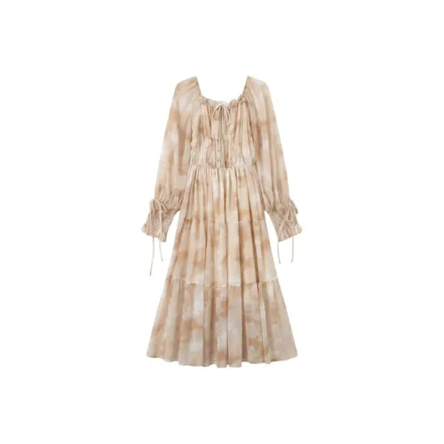 GULIANFEI Длинное платье с длинными рукавами женское янтарного цвета