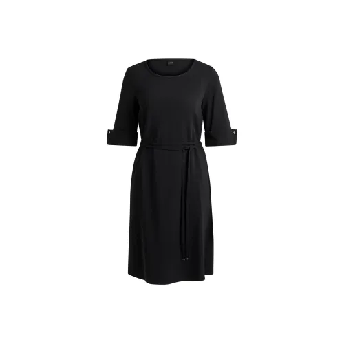 Hugo Boss Короткое платье с короткими рукавами из эластичного материала с галстуком и поясом короткое платье женское черное