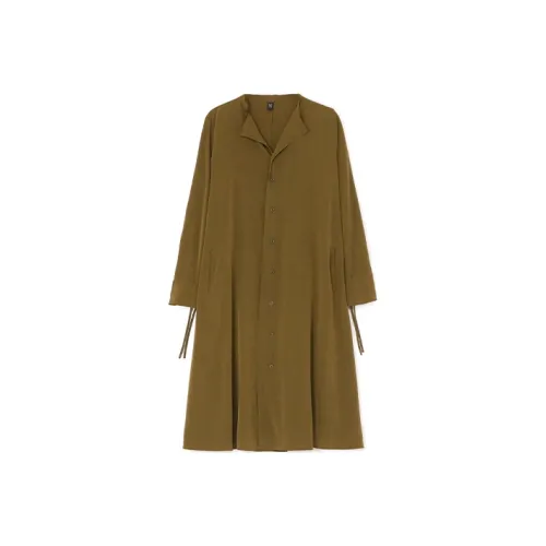 Yohji Yamamoto Khaki Женские Длинные Платья с Длинными Рукавами