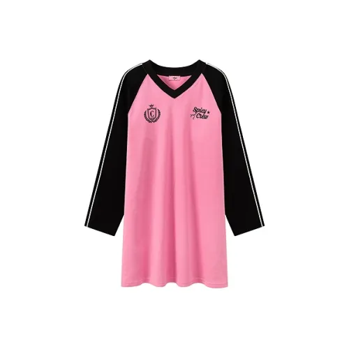 CHUU Длинное платье с длинными рукавами женское фуксия