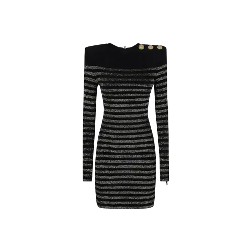 BALMAIN Черное Женское Длинное Платье с Рукавами