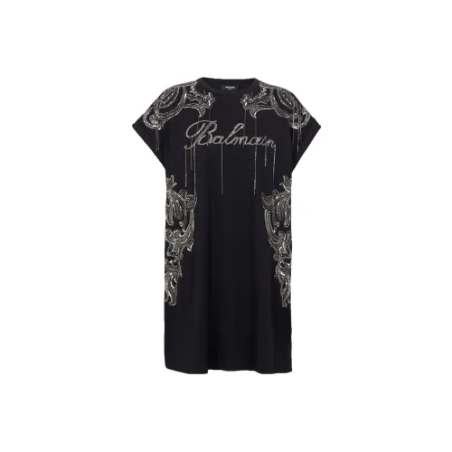 BALMAIN Подпись Цепь Вышитая Рубашка-Платье Короткий Рукав Платье Женское Черное