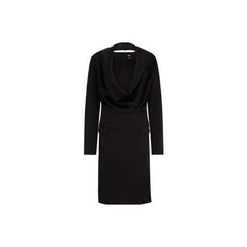 HUGO BOSS Черное Женское Длинное Платье с Длинным Рукавом