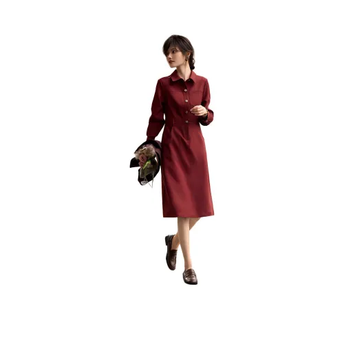 XWI Длинное платье с длинными рукавами женское кирпично-красного цвета