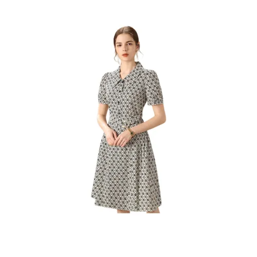 FENHONGMALI Весенний Короткий Рукав Платье с Утяжкой на Талии Женское Черное Цветочное