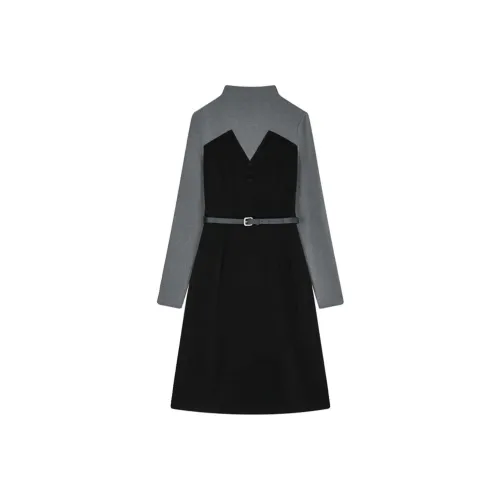 Mo Han Yi Mei Длинное платье с длинными рукавами женское черное и серое пэчворк