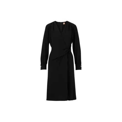 HUGO BOSS Черное Женское Длинное Платье с Длинным Рукавом