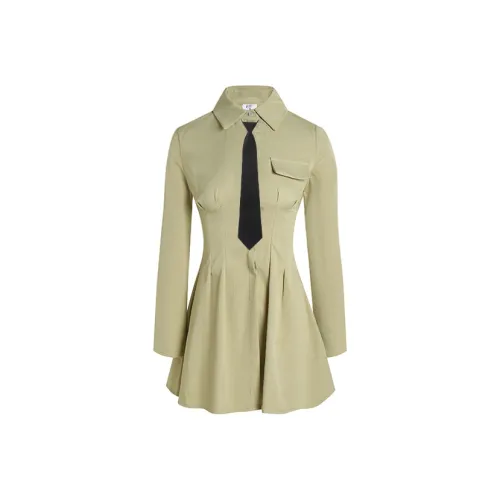 Ice cream and whale Авокадо-зеленое Платье-рубашка + Черный Галстук Женские Длинные Рукава Платья