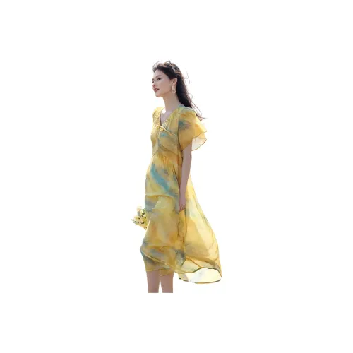 XWI Короткий рукав Платье Женское Желтый Зеленый Смешанный