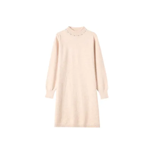 Корейский стиль Длинное платье с длинными рукавами женское абрикосового цвета