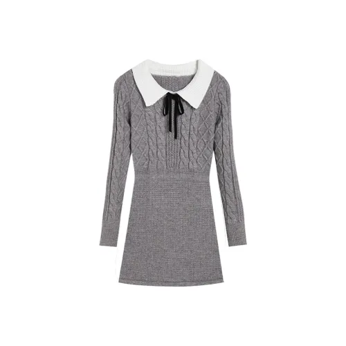 Ice cream and whale Серое платье женское с длинным рукавом