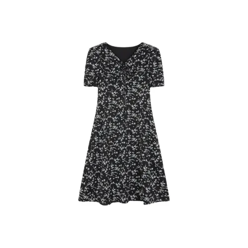 Mo Han Yi Mei Короткий рукав Платье Женское Черное с белыми цветами