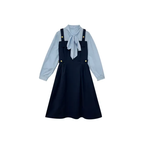 Icicofficial Длинное платье с длинными рукавами женское темно-синий