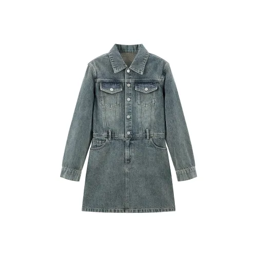 LEDIN Длинное платье с длинными рукавами женское средний деним синий