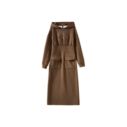 OUNIXUE Длинное платье с длинным рукавом женское кофейного цвета